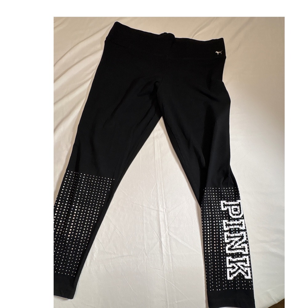 Victoria's Secret PINK Yoga Leggings XL Black Rhinestone Stud Logo Graphic - Picture 3 of 5